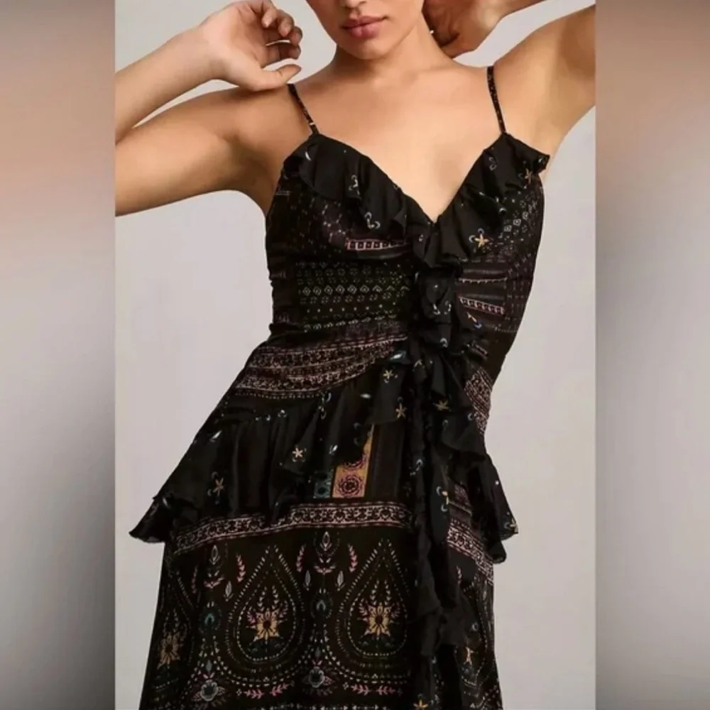 Anthropologie Black Maxi Dress with Intricate Patterns and ruffles medium - Picture 3 of 5